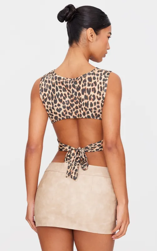 Brown Leopard Printed Slinky Open Back Tie Detail Long Top sold by Pretty Little Thing