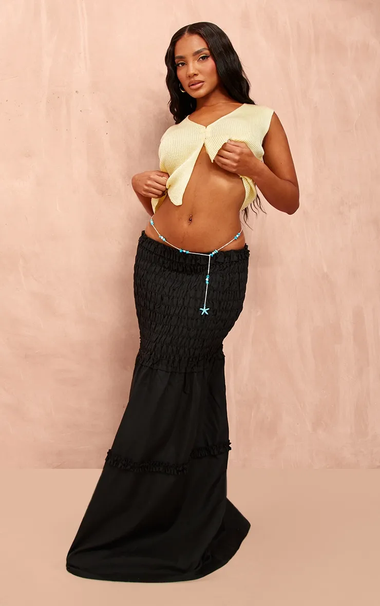 Black Poplin Shirred Dropped Waist Maxi Skirt sold by Pretty Little Thing