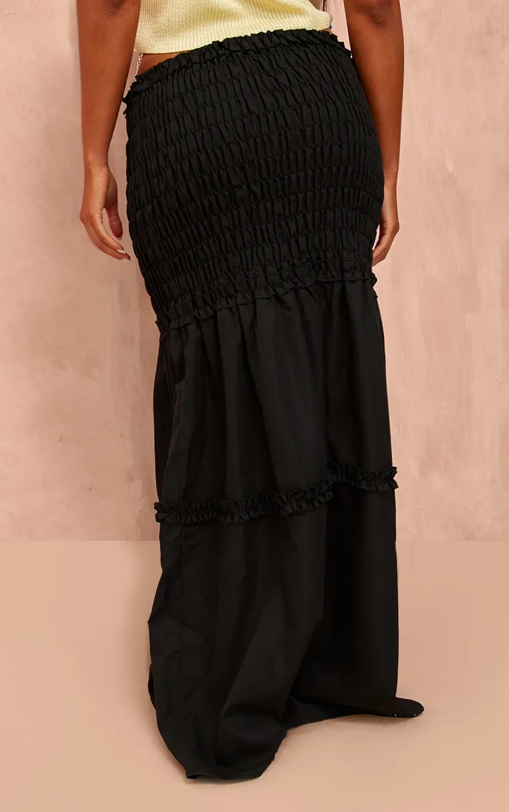 Black Poplin Shirred Dropped Waist Maxi Skirt sold by Pretty Little Thing product image thumbnail 3