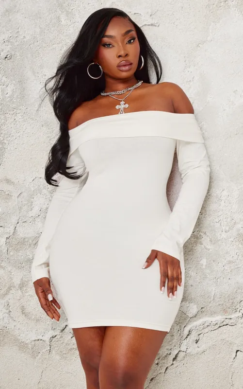 Plus Cream Cotton Fold Over Bardot Mini Dress sold by Pretty Little Thing