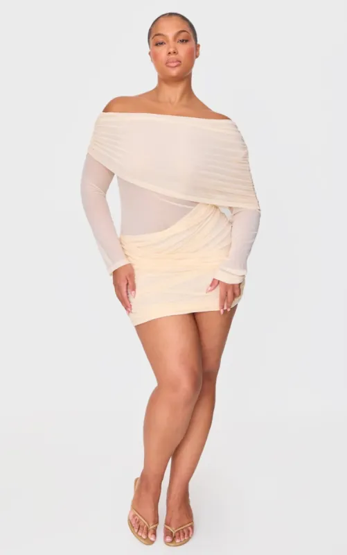 Cream Mesh Long Sleeve One Shoulder Bodycon Dress sold by Pretty Little Thing