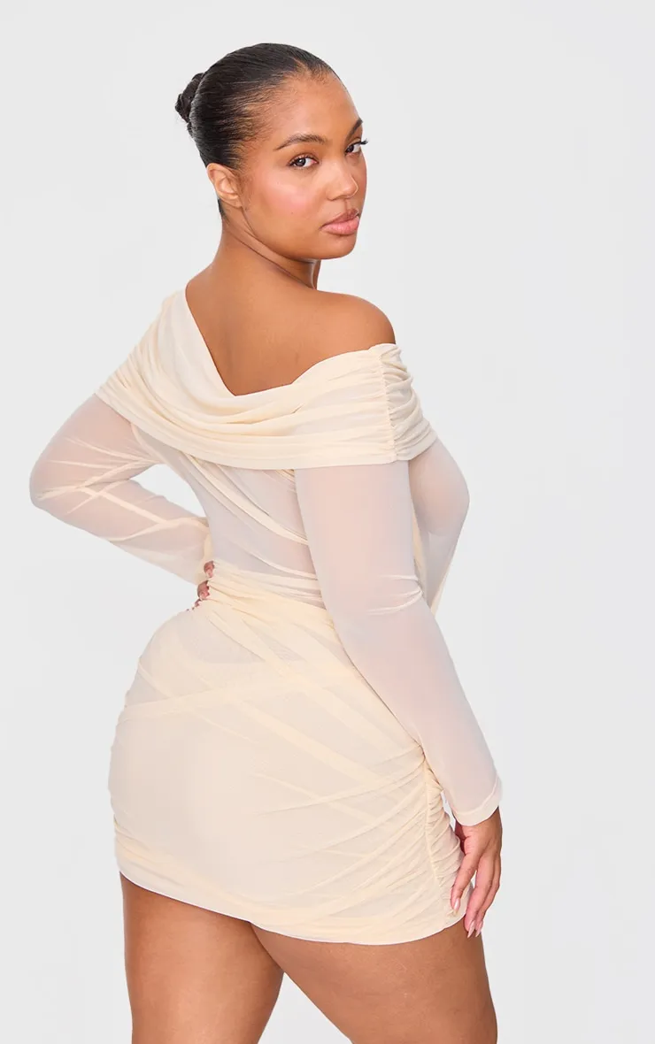 Cream Mesh Long Sleeve One Shoulder Bodycon Dress sold by Pretty Little Thing product image thumbnail 2