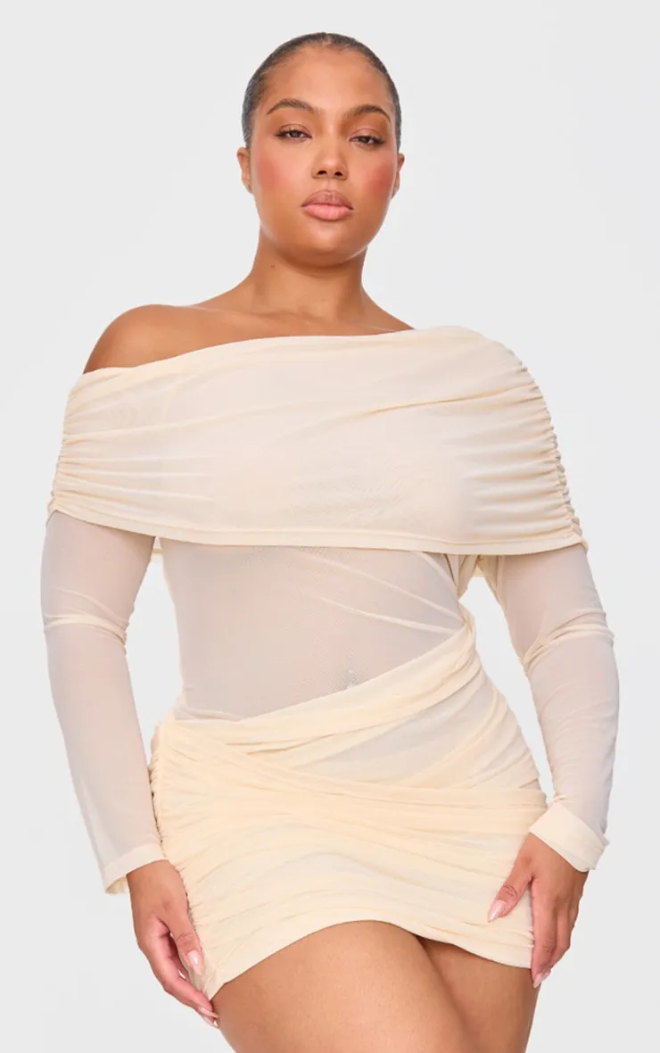 Cream Mesh Long Sleeve One Shoulder Bodycon Dress sold by Pretty Little Thing product image thumbnail 3