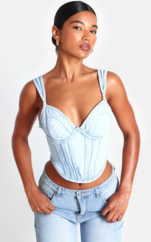 Light Blue Wash Dip Hem Bust Cup Denim Corset sold by Pretty Little Thing