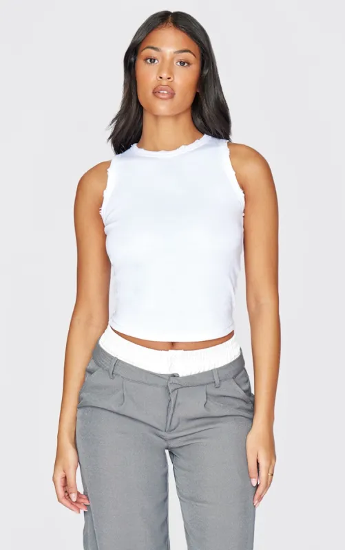 Tall White Distressed Racer Neck Crop Top sold by Pretty Little Thing