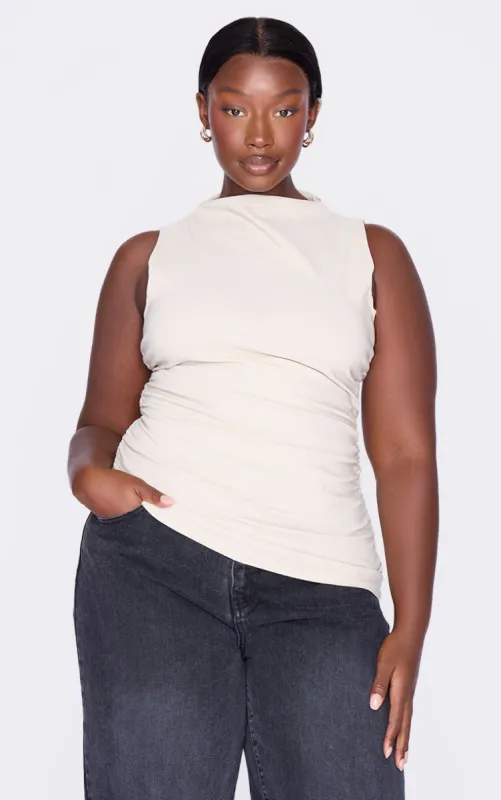 Plus Stone High Neck Ruched Asymmetrical Long Top sold by Pretty Little Thing