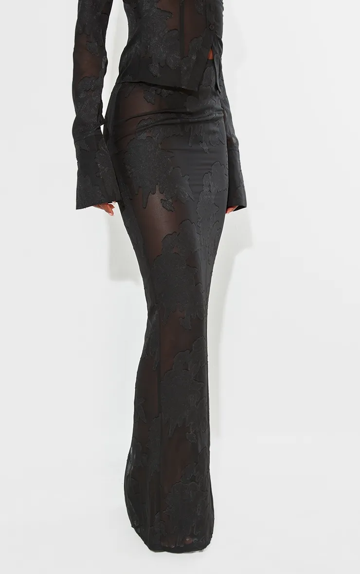 Tall Black Sheer Floral Mesh Maxi Skirt sold by Pretty Little Thing product image thumbnail 2