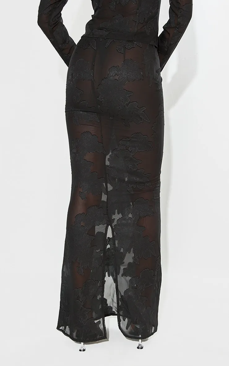 Tall Black Sheer Floral Mesh Maxi Skirt sold by Pretty Little Thing product image thumbnail 3