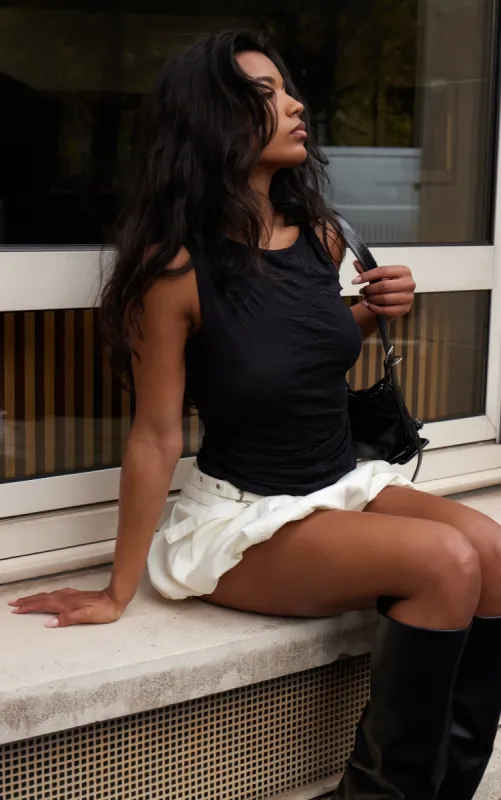 Black Crinkle Mesh Twist Shoulder Long Top sold by Pretty Little Thing