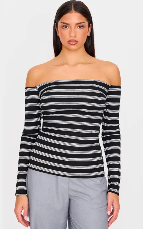 Monochrome Striped Off The Shoulder Long Top made by Pretty Little Thing