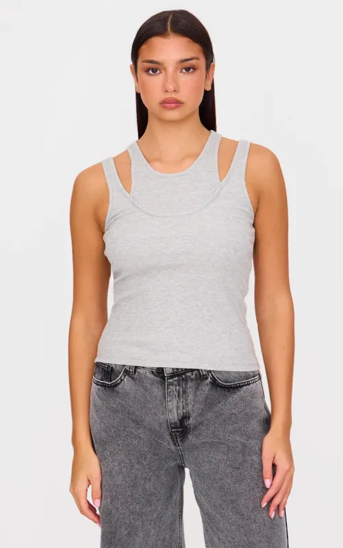 Grey Marl Double Layer Ribbed Vest Top sold by Pretty Little Thing