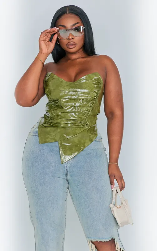 Plus Olive Washed Faux Leather Ruched Bandeau Corset sold by Pretty Little Thing