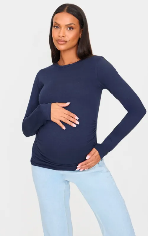 Maternity Navy Crew Neck Long Sleeve Fitted Top sold by Pretty Little Thing