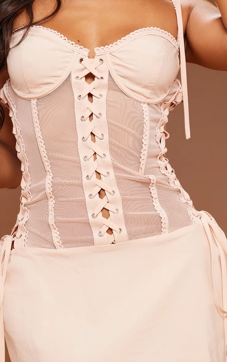 Petite Light Pink Mesh Corset Lace-up Fitted Mini Dress sold by Pretty Little Thing product image thumbnail 4