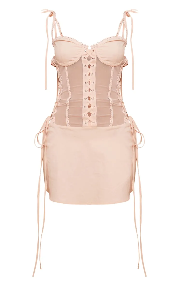 Petite Light Pink Mesh Corset Lace-up Fitted Mini Dress sold by Pretty Little Thing product image thumbnail 5