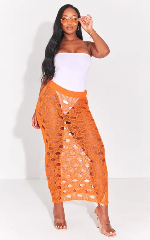 Shape Bright Orange Knit Distressed Cut Out Maxi Skirt sold by Pretty Little Thing