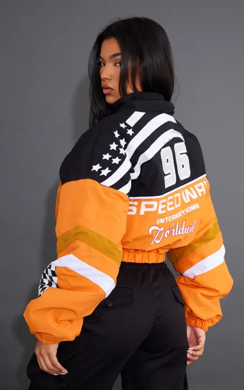 Orange Cropped Oversized Slogan Zipped Racer Bomber Jacket sold by Pretty Little Thing