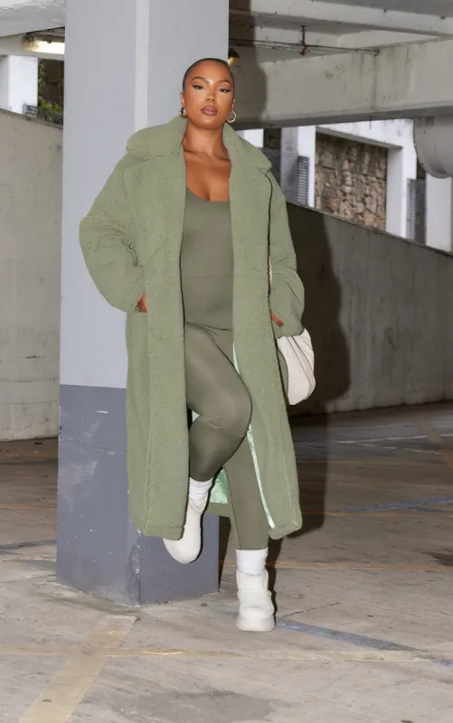 Plus Khaki Longline Borg Coat sold by Pretty Little Thing