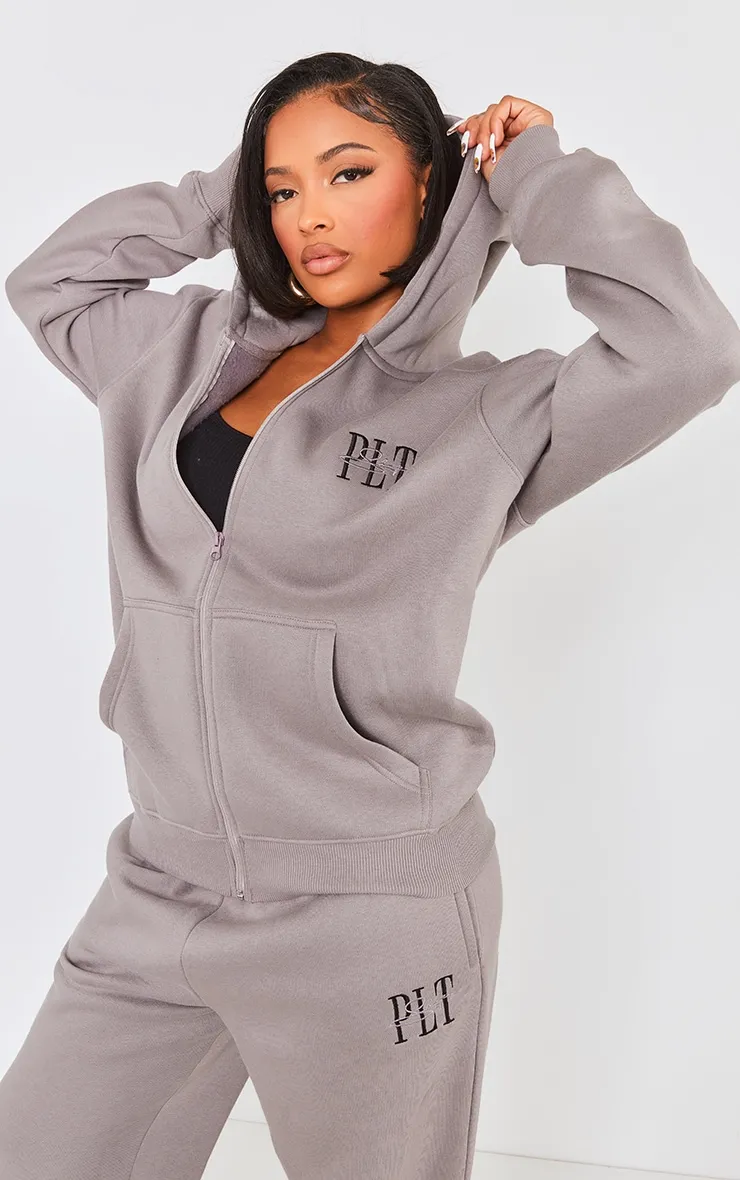 PRETTYLITTLETHING Shape Charcoal Embroidered Zip Through Hoodie sold by Pretty Little Thing