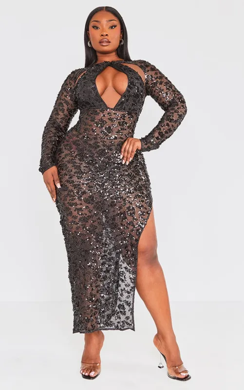 Plus Black Fishnet Sequin Cut Out Maxi Dress sold by Pretty Little Thing