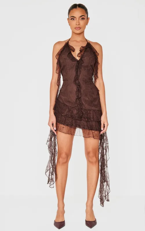Chocolate Lace Frill Detail Halterneck Backless Bodycon Dress sold by Pretty Little Thing