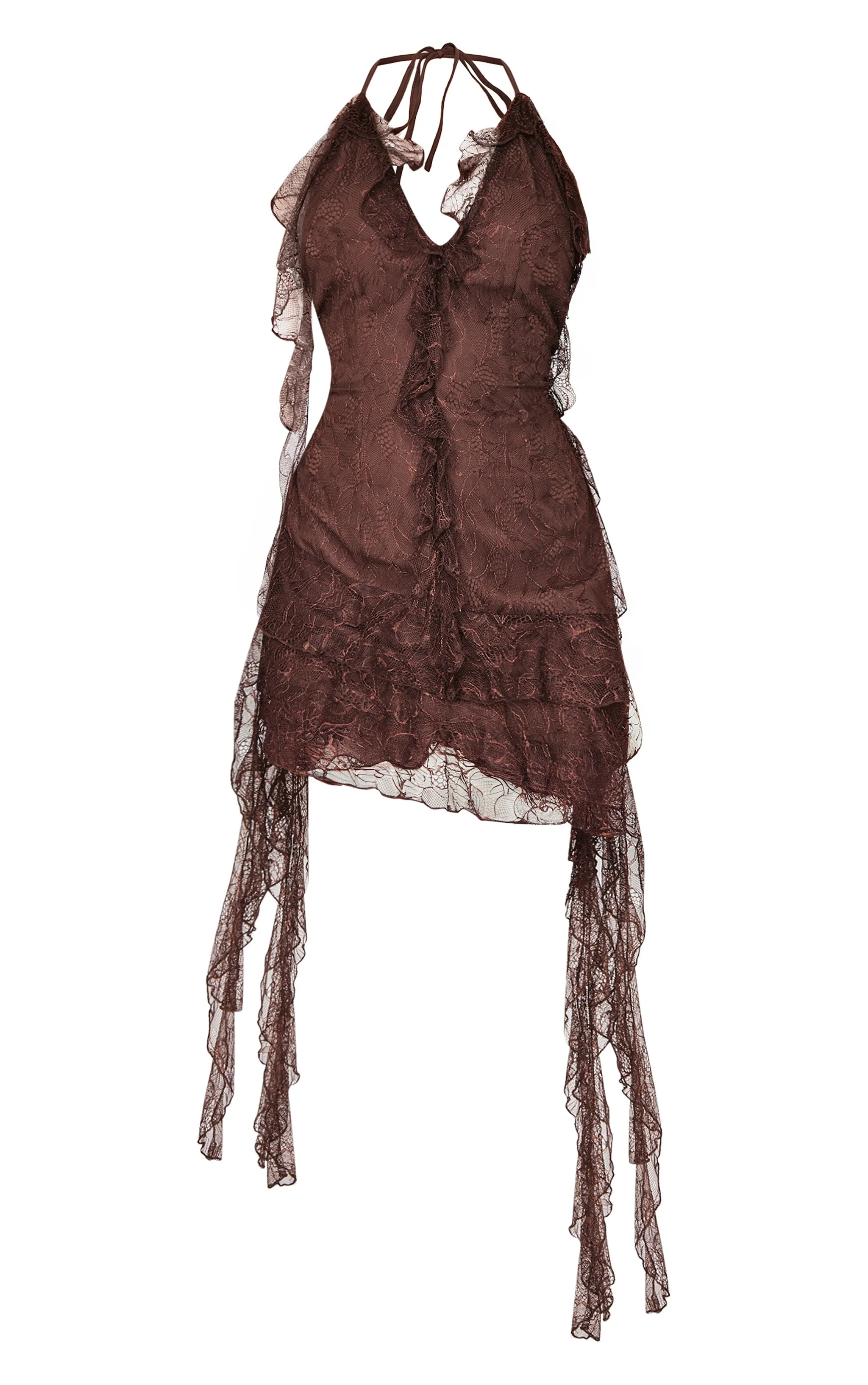 Chocolate Lace Frill Detail Halterneck Backless Bodycon Dress sold by Pretty Little Thing product image thumbnail 5