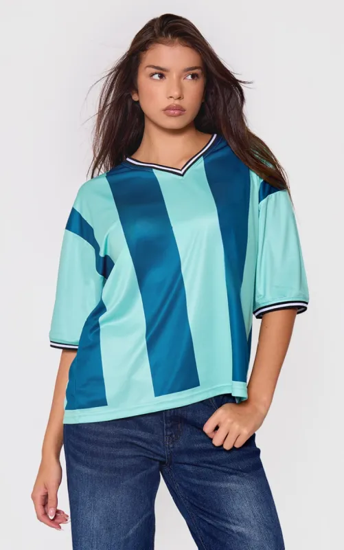 Green Striped V Neck Oversized Football T Shirt sold by Pretty Little Thing