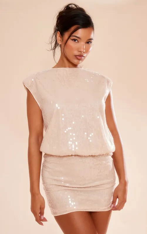 Nude Sequin Shoulder Pad Sleeveless Bodycon Dress sold by Pretty Little Thing