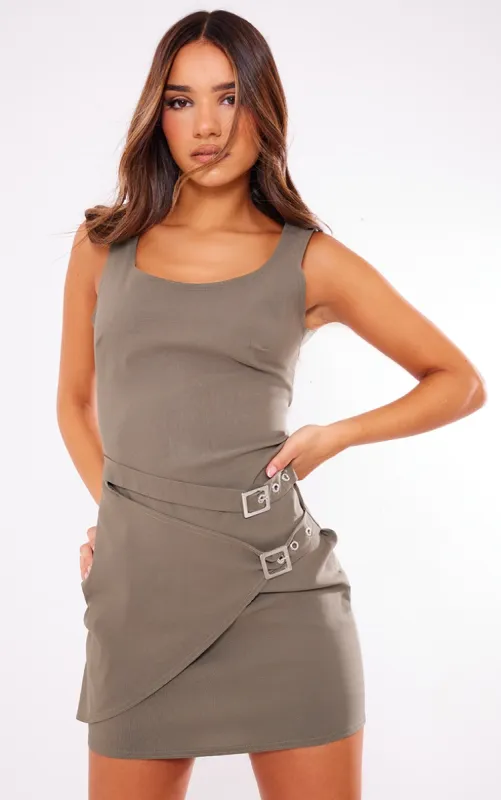 Khaki Stretch Woven Buckle Wrap Bodycon Dress made by Pretty Little Thing