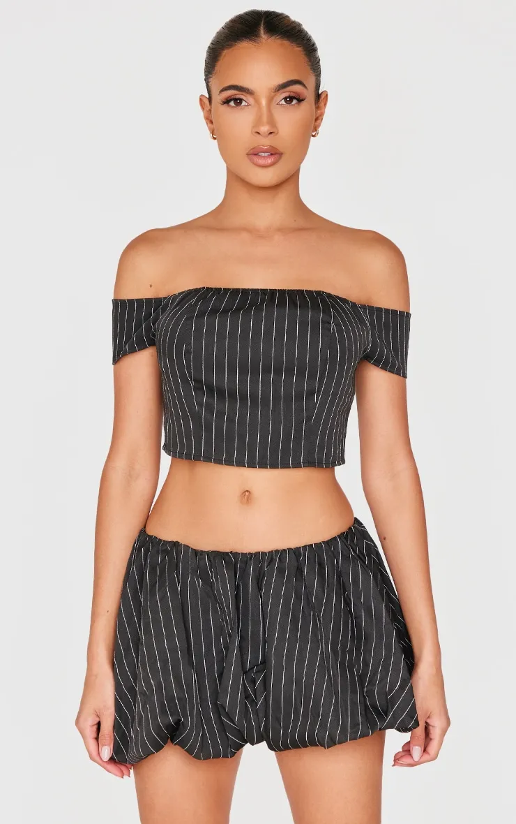 Black Pinstripe Woven Tailored Bandeau Top sold by Pretty Little Thing