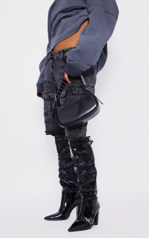 Black Wide Fit Patent Pu Point Toe Buckle Ruched Block Heel Knee Boots sold by Pretty Little Thing