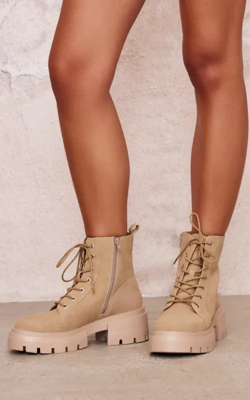 Tan PU Round Toe Lace Up Chunky Ankle Boots sold by Pretty Little Thing