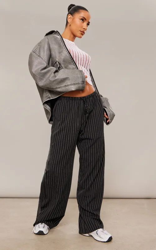  Black Pinstripe Woven Drawstring Waist Low Rise Relaxed Trousers sold by Pretty Little Thing