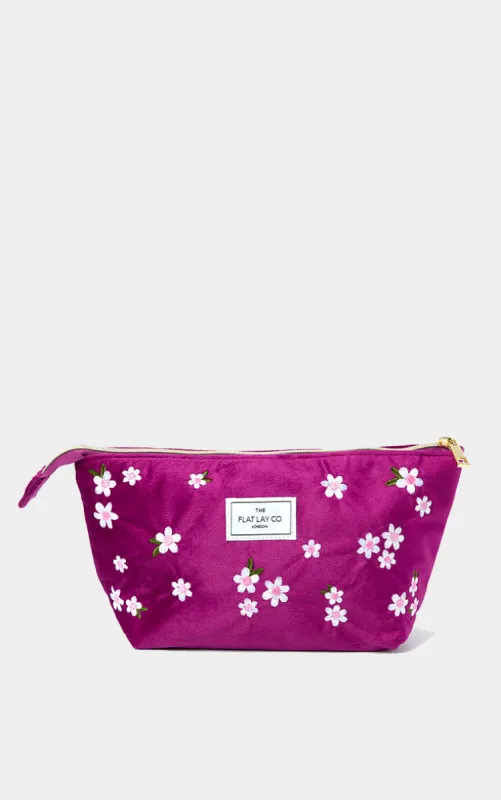The Flat Lay Co. Essential Pouch Makeup Bag in Embroidered Daisy Plum Velvet sold by Pretty Little Thing