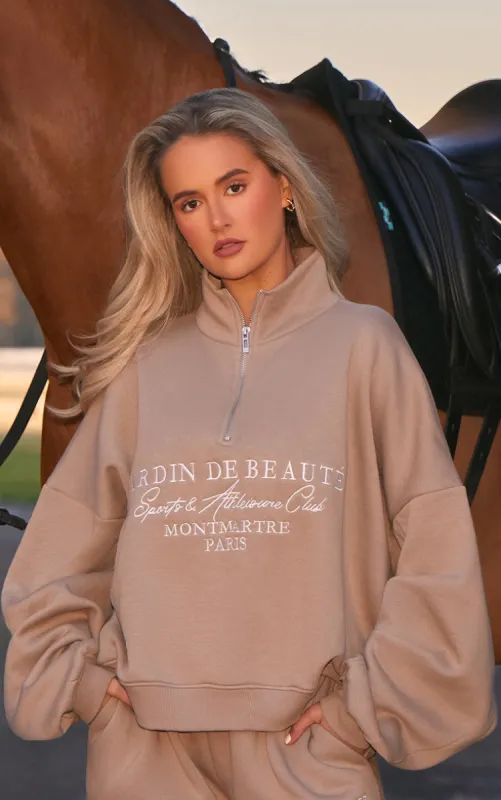 PRETTYLITTLETHING Mocha Logo Embroidered Half Zip Sweatshirt sold by Pretty Little Thing