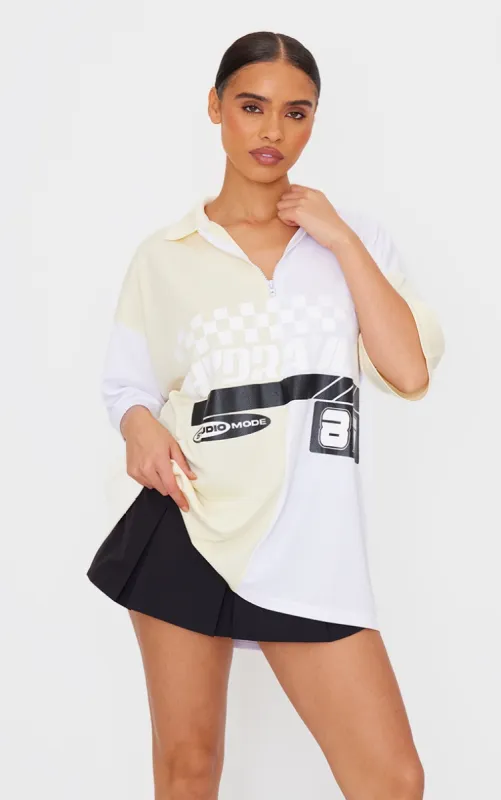 PRETTYLITTLETHING Cream Zip Up Short Sleeve Football Shirt sold by Pretty Little Thing