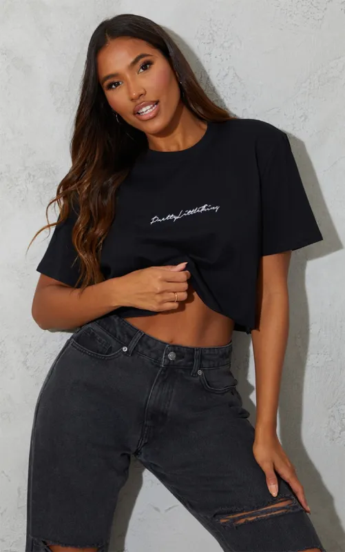 PRETTYLITTLETHING Cotton Black Oversized Crop T-Shirt sold by Pretty Little Thing