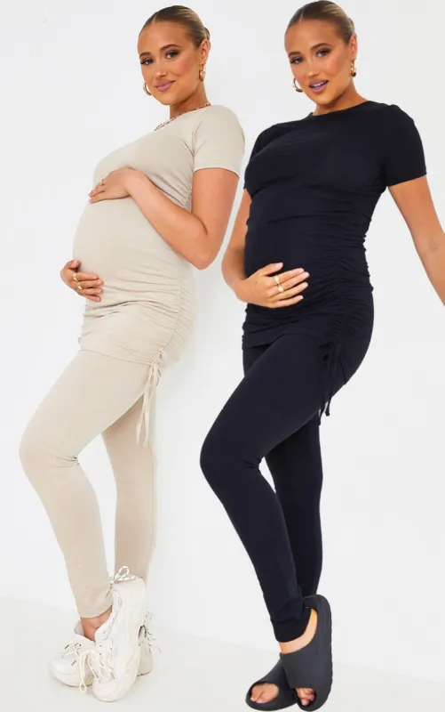 Maternity Stone and Black Two Pack Ruched Seam Leggings made by Pretty Little Thing