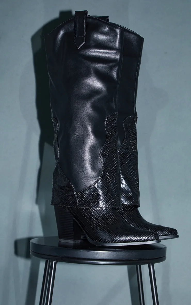 Black Matte PU Snake Western Fold Knee Boots sold by Pretty Little Thing product image thumbnail 3