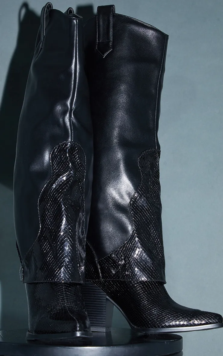 Black Matte PU Snake Western Fold Knee Boots sold by Pretty Little Thing product image thumbnail 4