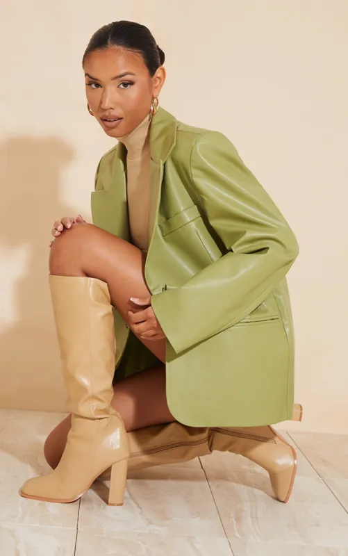 Camel Wide Fit PU Square Toe Block Heel Knee Boots sold by Pretty Little Thing