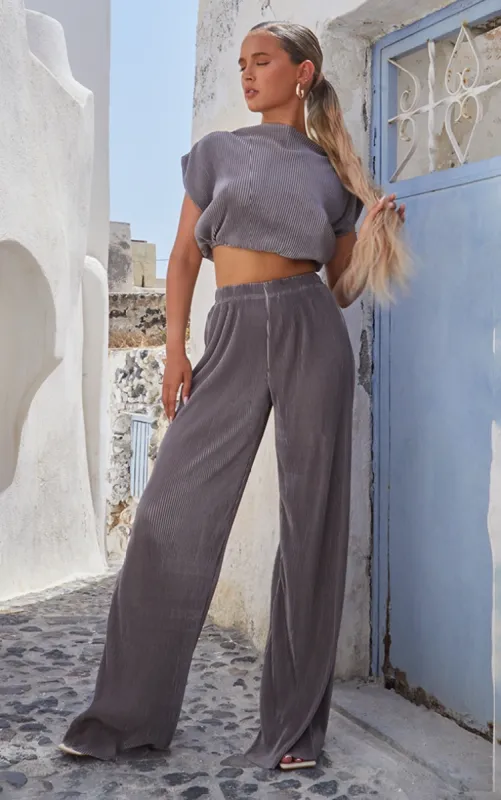 Grey Plisse Wide Leg Trousers sold by Pretty Little Thing