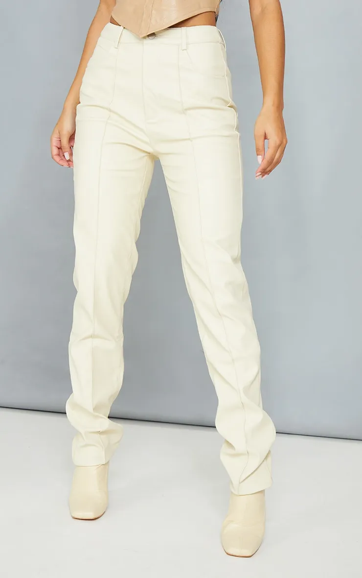 Cream Faux Leather Seam Detail Straight Leg Trousers sold by Pretty Little Thing product image thumbnail 2