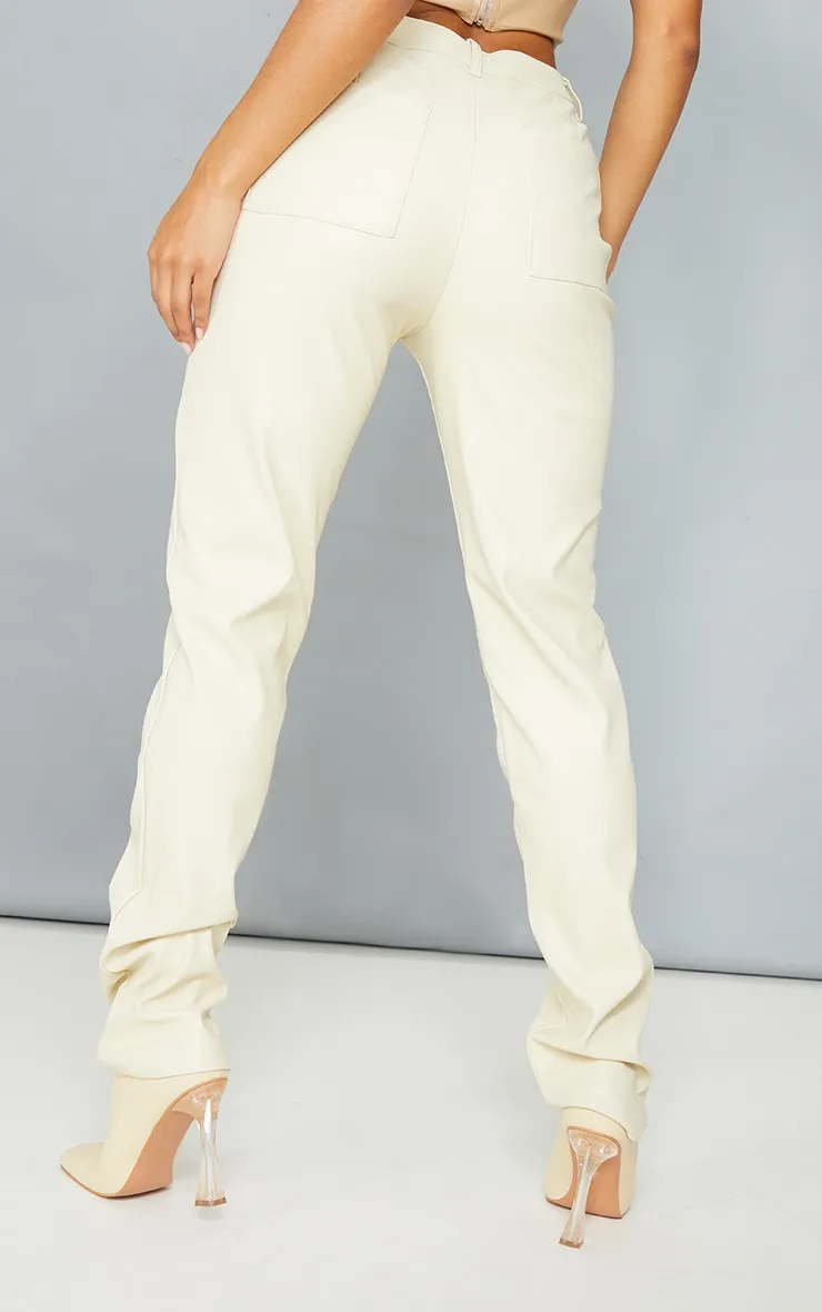 Cream Faux Leather Seam Detail Straight Leg Trousers sold by Pretty Little Thing product image thumbnail 3