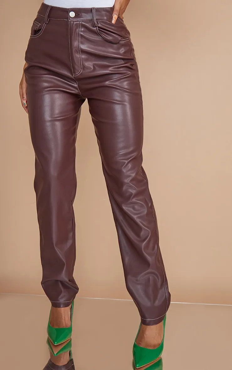 Dark Chocolate Faux Leather Contrast Stitch Straight Leg Trousers sold by Pretty Little Thing product image thumbnail 2