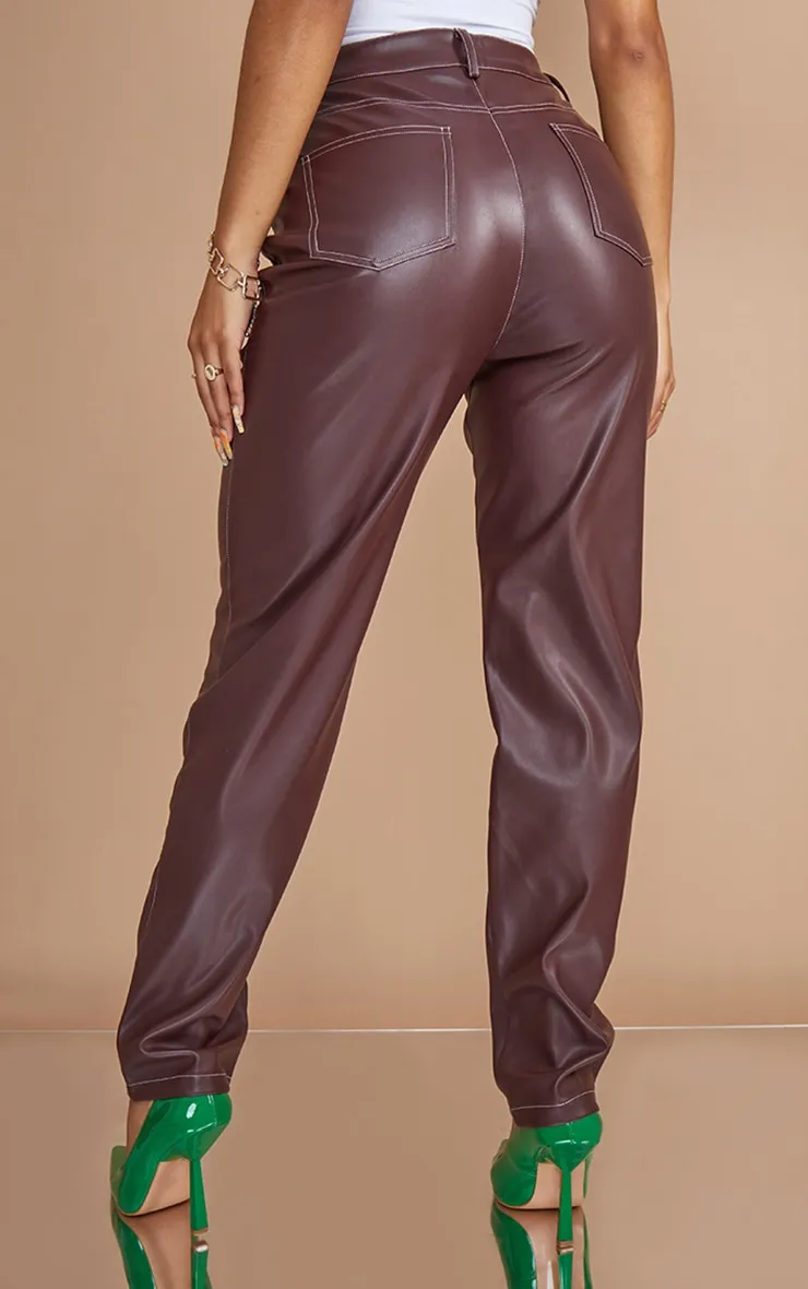 Dark Chocolate Faux Leather Contrast Stitch Straight Leg Trousers sold by Pretty Little Thing product image thumbnail 3