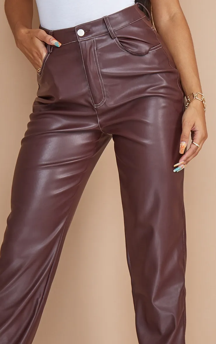 Dark Chocolate Faux Leather Contrast Stitch Straight Leg Trousers sold by Pretty Little Thing product image thumbnail 4