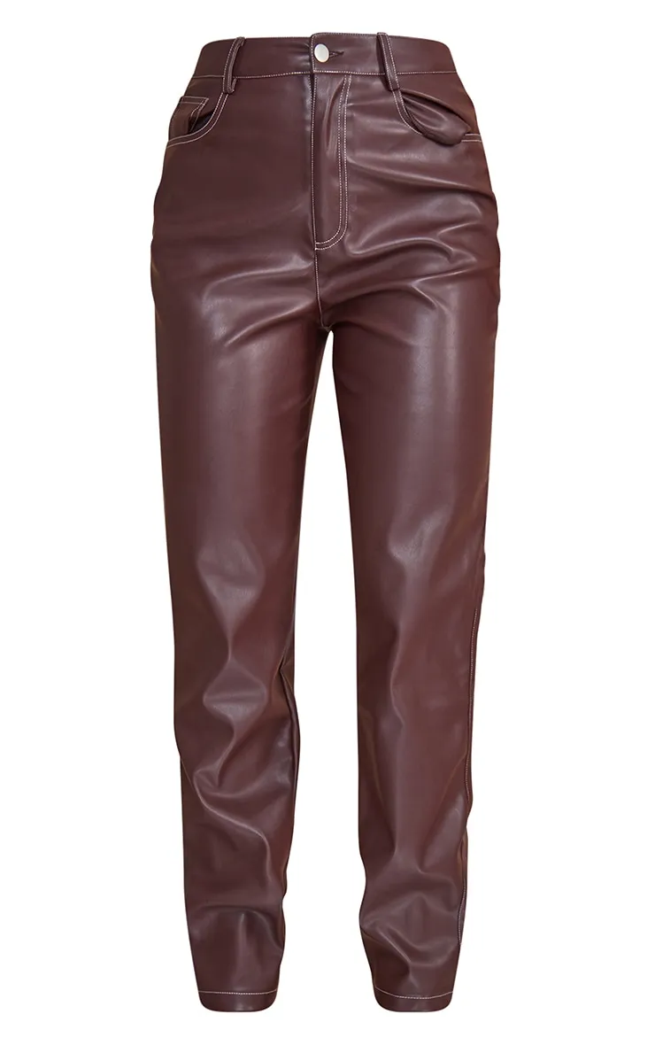 Dark Chocolate Faux Leather Contrast Stitch Straight Leg Trousers sold by Pretty Little Thing product image thumbnail 5