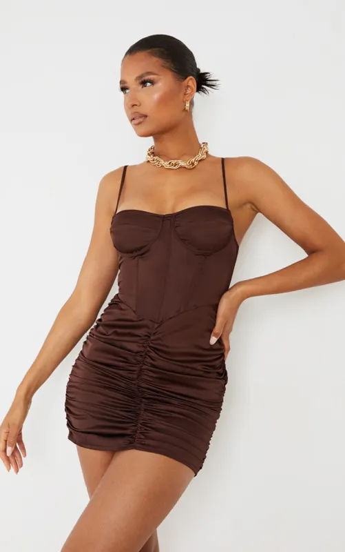 Chocolate Satin Strappy Corset Detail Ruched Skirt Bodycon Dress sold by Pretty Little Thing