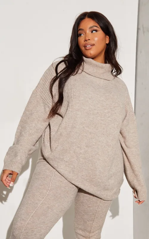 Plus Oatmeal Knitted Slouchy Roll Neck Jumper sold by Pretty Little Thing